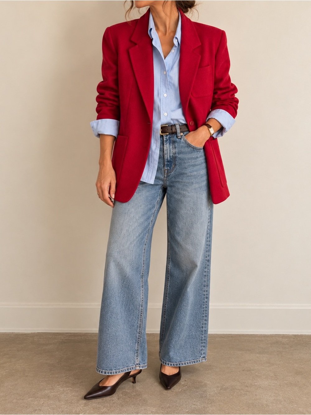 Vintage Red Wool Cashmere Blazer Oversized Patch Pocket Jacket M